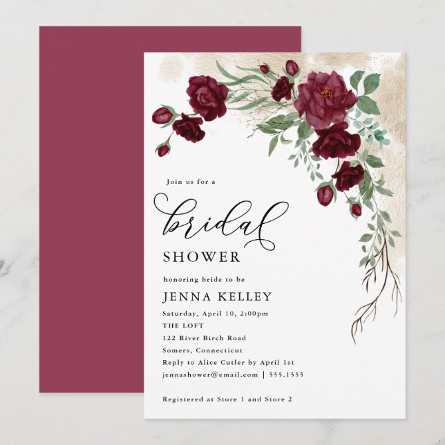 Burgundy Rose Vine, Floral Bridal Shower Invitation (Front/Back)