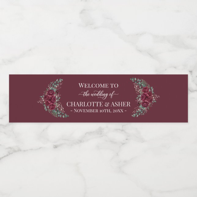 Burgundy Rose Water Bottle Labels Wedding (Single Label)