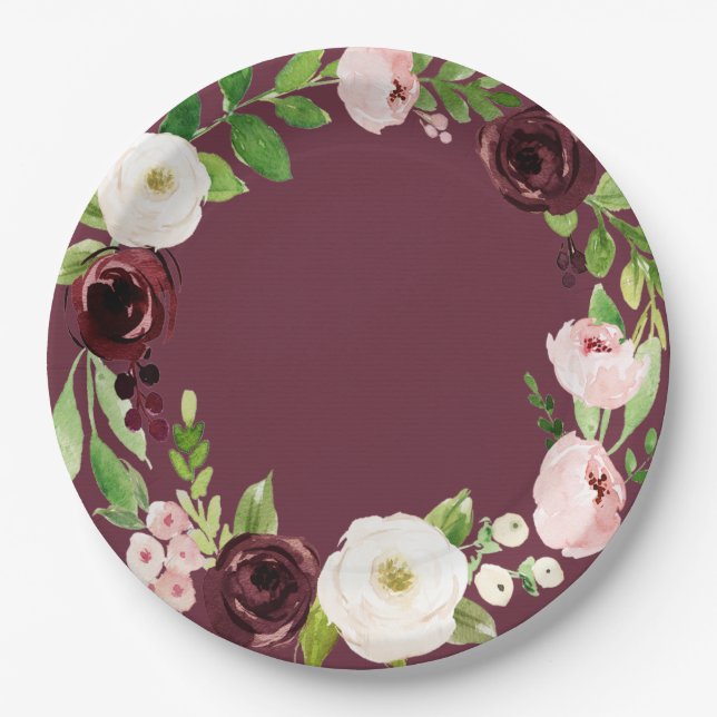 Burgundy Rose Watercolor Floral Baby Shower Plates (Front)