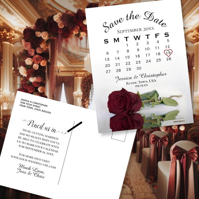 Burgundy Rose Wedding Calendar Save the Date Announcement Postcard (Front/Back)
