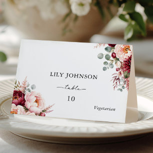 Burgundy Rose Wedding Meal Choice Place Cards