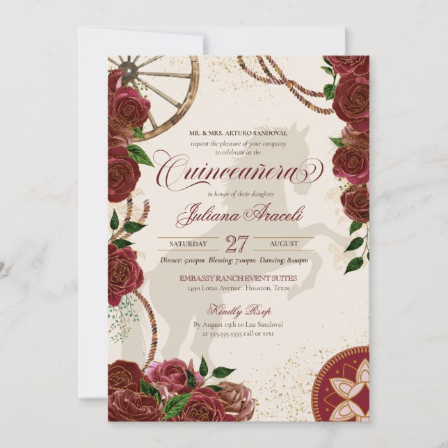 Burgundy Rose Western Ranch  Charro Quinceanera Invitation (Front)