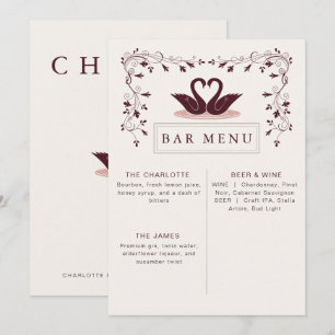 Burgundy Rose Whimsical Swan Drinks Bar Menu