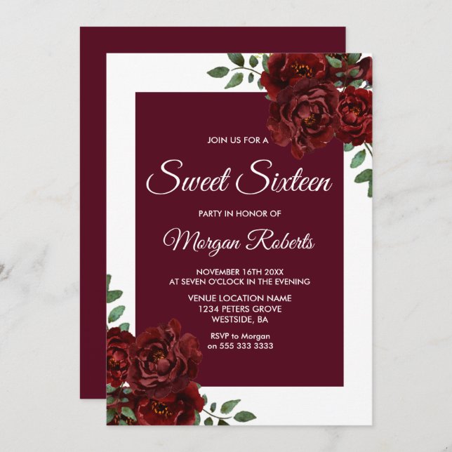 Burgundy Rose White Border Sweet 16 Invite (Front/Back)
