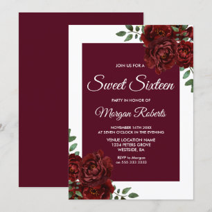Burgundy Rose White Border Sweet 16 Invite