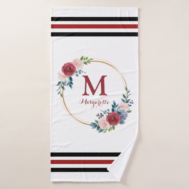 Burgundy Rose Wreath Custom Monogram & Name Bath Towel (Bath Towel)