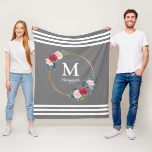 Burgundy Rose Wreath Custom Monogram & Name Fleece Blanket