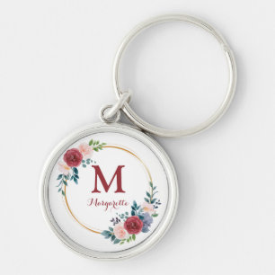 Burgundy Rose Wreath Custom Monogram & Name Key Ring