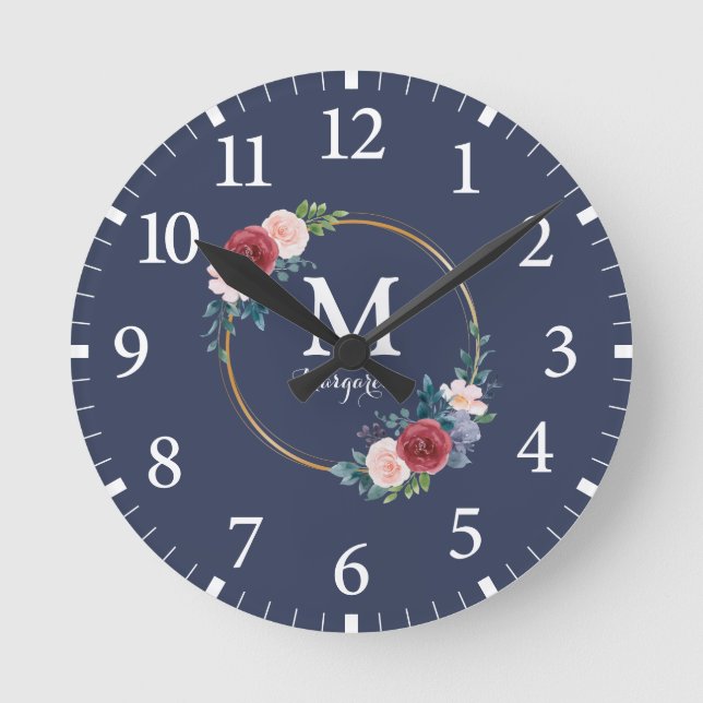 Burgundy Rose Wreath Custom Monogram & Name Round Clock (Front)