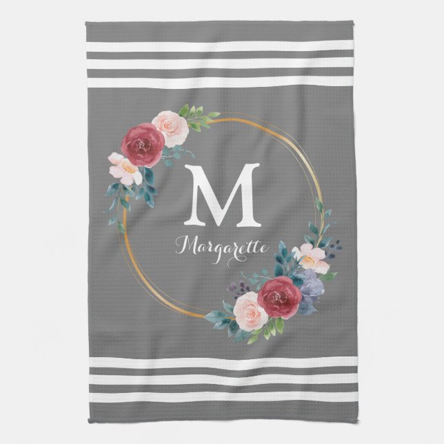 Burgundy Rose Wreath Custom Monogram & Name Tea Towel (Vertical)