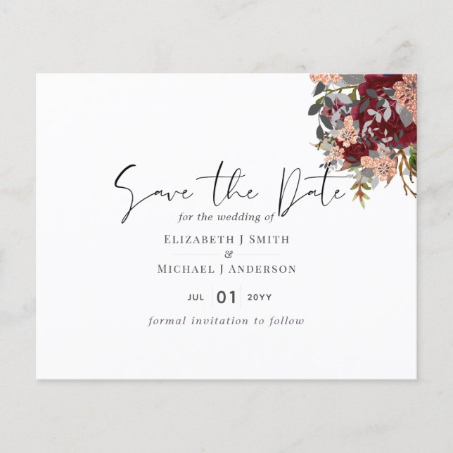 Burgundy Rosegold Floral Wedding Save Date Budget (Front)