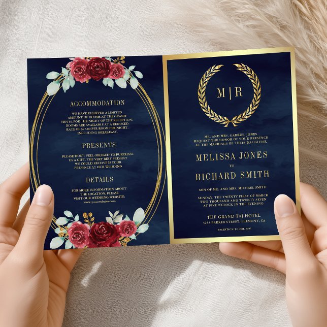 Burgundy Roses All in One QR Code Navy Wedding Invitation (Creator Uploaded)