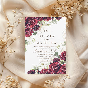 Burgundy Roses and Gold Floral Wedding  Invitation