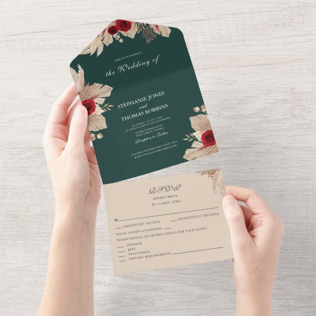 Burgundy Roses and Pampas Grass All in One Invite (Tearaway)