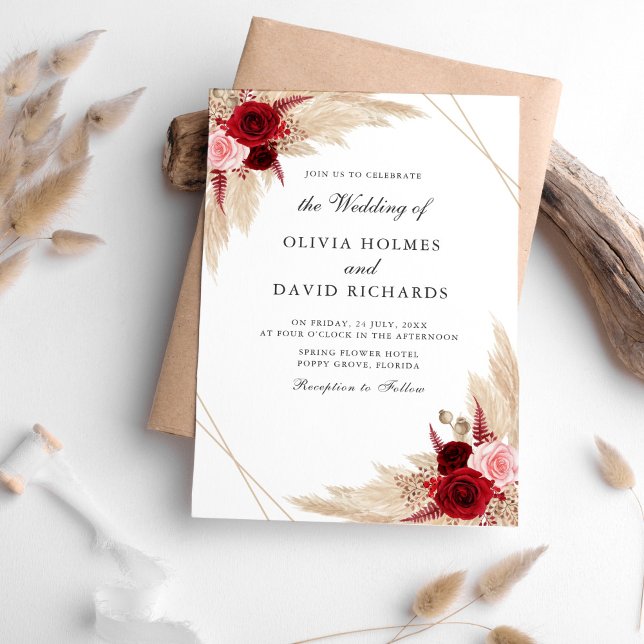 Burgundy Roses and Pampas Grass Invitation (Burgundy Roses and Pampas Grass Invitation on a table sorrounded with pampas grass decoration.)