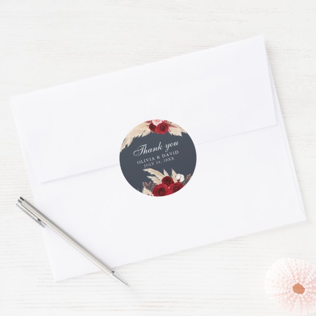 Burgundy Roses and Pampas Grass Thank You Sticker (Envelope)