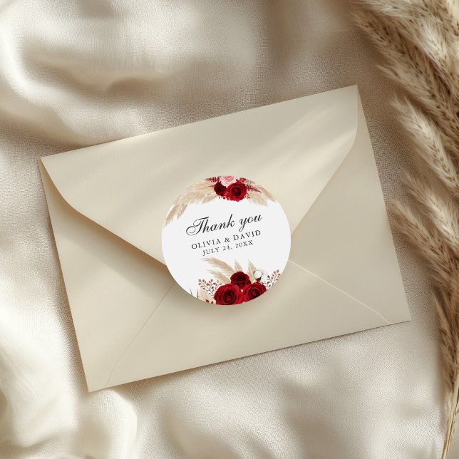 Burgundy Roses and Pampas Grass Thank You Sticker (Burgundy Roses and Pampas Grass Thank You Sticker on an elegant wedding envelope)