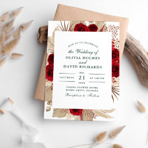 Burgundy Roses and Pampas Grass Wedding Invitation