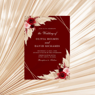 Burgundy Roses and Pampas Grass Wedding Invitation