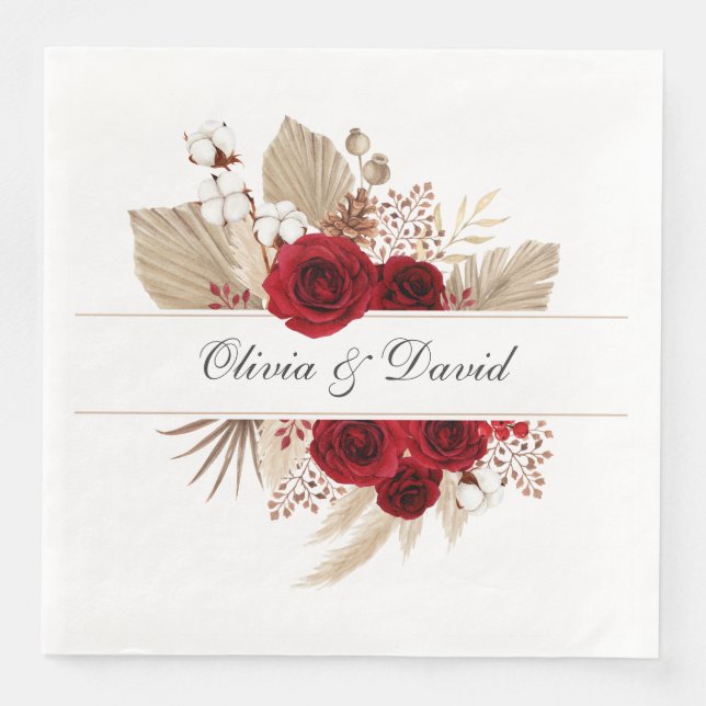 Burgundy Roses and Pampas Grass Wedding Napkins (Front)