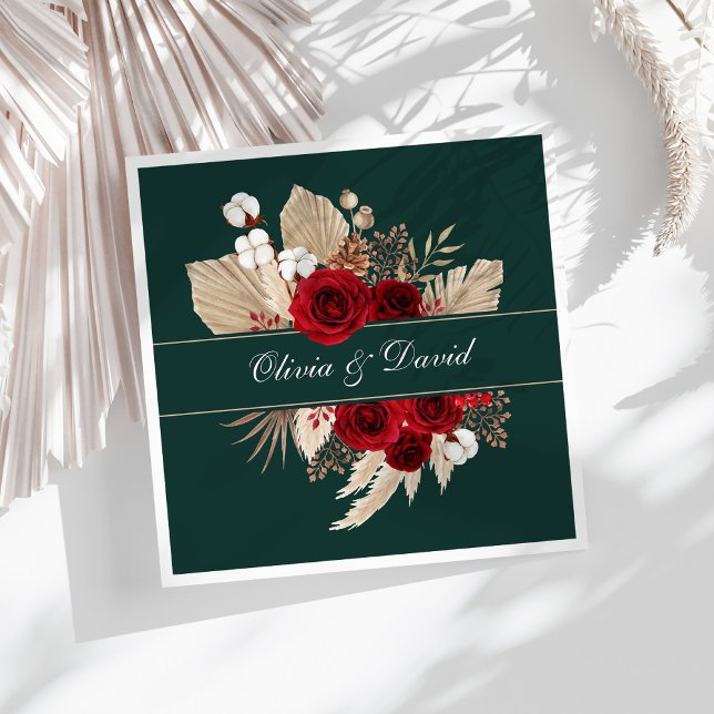 Burgundy Roses and Pampas Grass Wedding Napkins (Burgundy Roses and Pampas Grass Wedding Napkins on a sunny white table.)