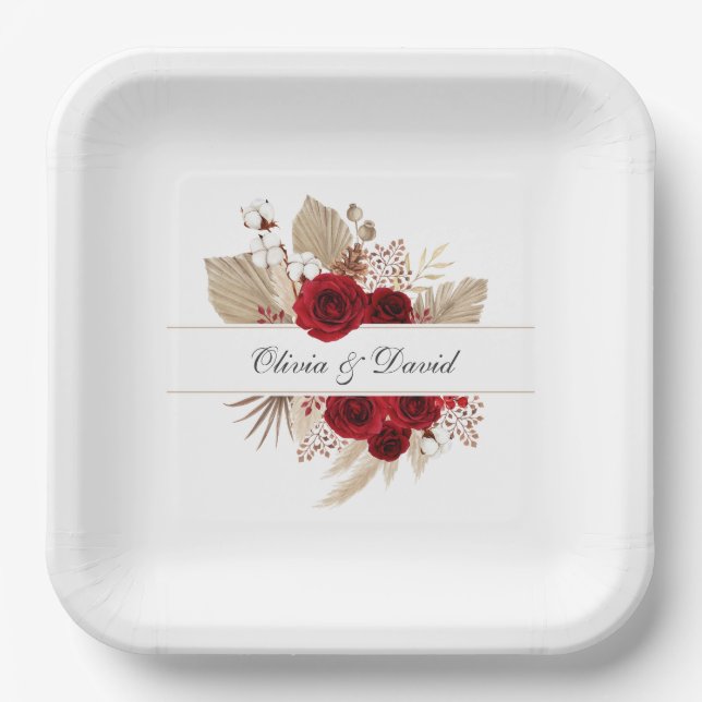 Burgundy Roses and Pampas Grass Wedding Paper Plate (Front)