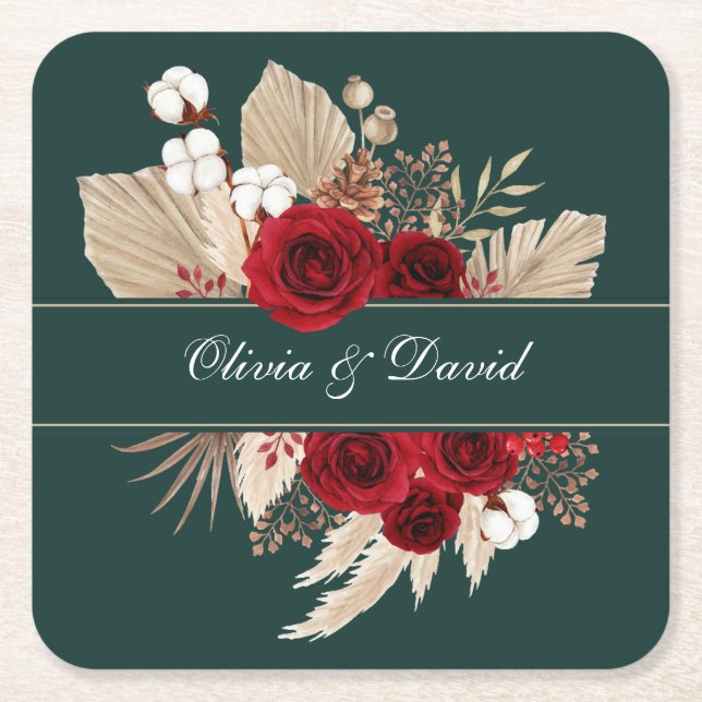 Burgundy Roses and Pampas Grass Wedding Square Paper Coaster (Front)
