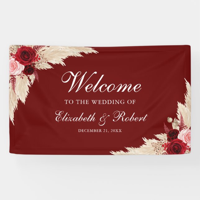 Burgundy Roses and Pampas Grass Welcome Wedding Banner (Horizontal)