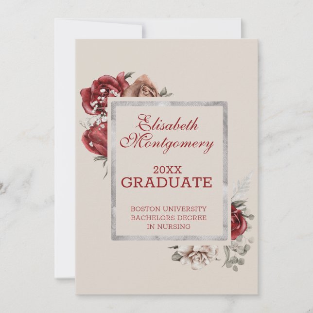 Burgundy Roses and Silver Frame Graduation Party Announcement (Front)