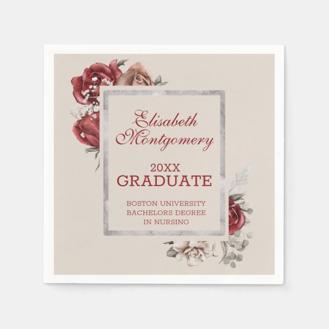 Burgundy Roses and Silver Frame Graduation Party Napkin (Front)