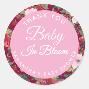 Burgundy Roses Baby in Bloom Baby Shower Classic Round Sticker