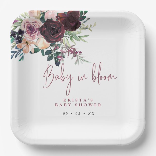 Burgundy Roses Baby In Bloom Baby Shower Paper Plate (Front)