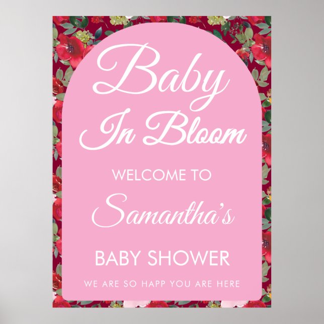 Burgundy Roses Baby In Bloom Baby Shower Welcome Poster (Front)