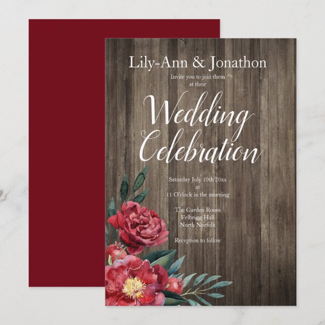 Burgundy Roses Barn Wood Rustic Wedding Invitation (Front/Back)