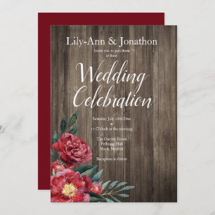 Burgundy Roses Barn Wood Rustic Wedding Invitation