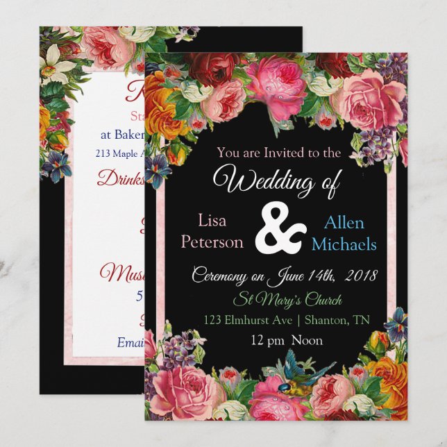 Burgundy Roses  Bird Floral Wedding Invitation (Front/Back)