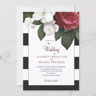 Burgundy Roses Black White Stripe Elegant Wedding Invitation