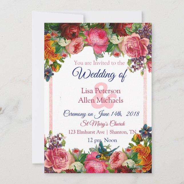Burgundy Roses Blue Bird Floral Wedding Invitation (Front)