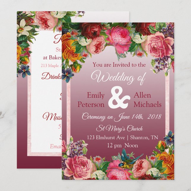 Burgundy Roses Blue Bird Floral Wedding Invitation (Front/Back)
