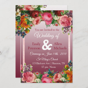 Burgundy Roses Blue Bird Floral Wedding Invitation