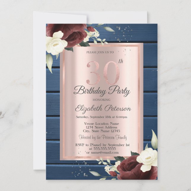 Burgundy Roses,Blue Wood Rose Gold 30th Birthday Invitation (Front)