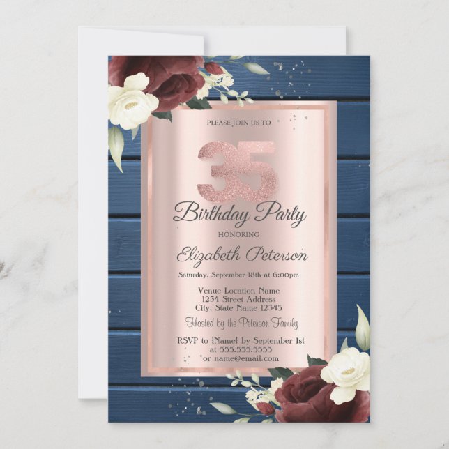 Burgundy Roses,Blue Wood Rose Gold 35th Birthday Invitation (Front)