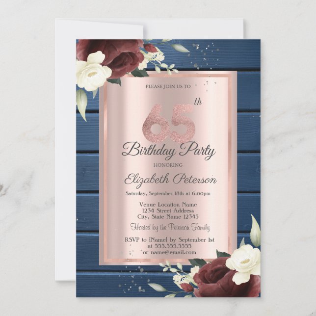 Burgundy Roses,Blue Wood Rose Gold 65th Birthday Invitation (Front)