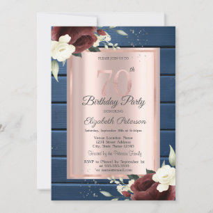 Burgundy Roses,Blue Wood Rose Gold 70th Birthday Invitation