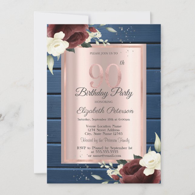 Burgundy Roses,Blue Wood Rose Gold 90th Birthday Invitation (Front)