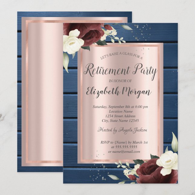 Burgundy Roses,Blue Wood Rose Gold Retirement  Invitation (Front/Back)