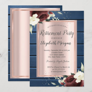 Burgundy Roses,Blue Wood Rose Gold Retirement Invitation