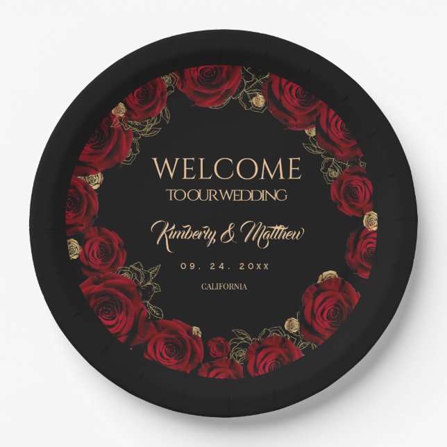 Burgundy Roses Boho Wedding Paper Plate (Front)