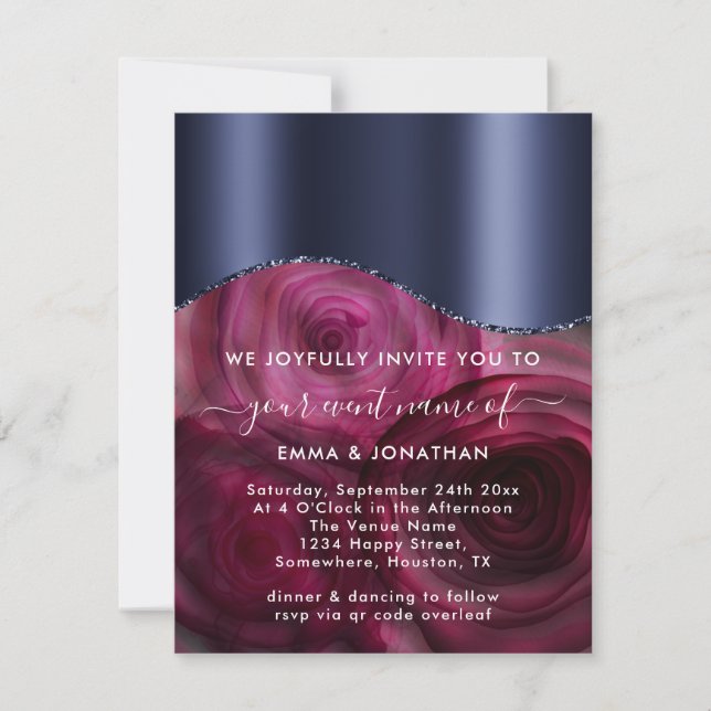 Burgundy Roses Border QR Code Marsala Blue Navy  (Front)