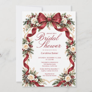Burgundy Roses Bow Christmas Winter Bridal Shower Invitation